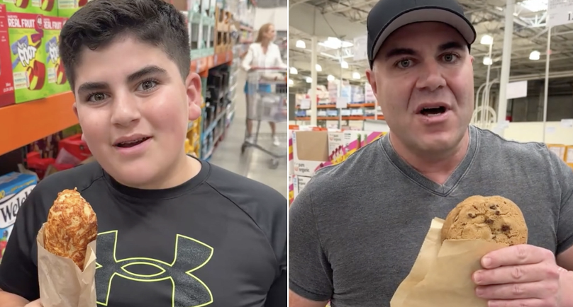 The costco guys, a father-son duo from Florida. Big Justice, the child, is holding up a chicken bake and AJ, the dad, is holding up a double-chunk chocolate cookie.